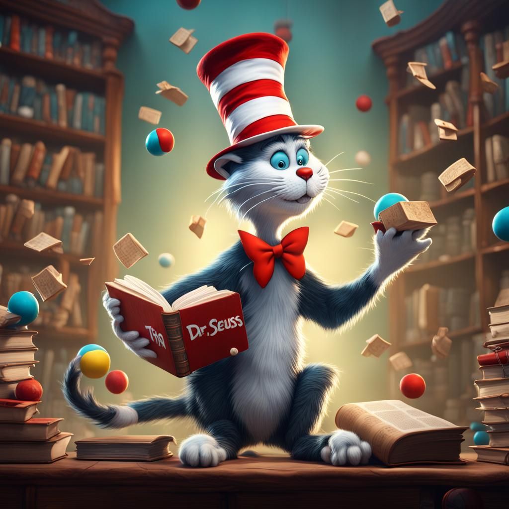 Dr Seuss' The Cat in the Hat juggling books AI Generated Artwork