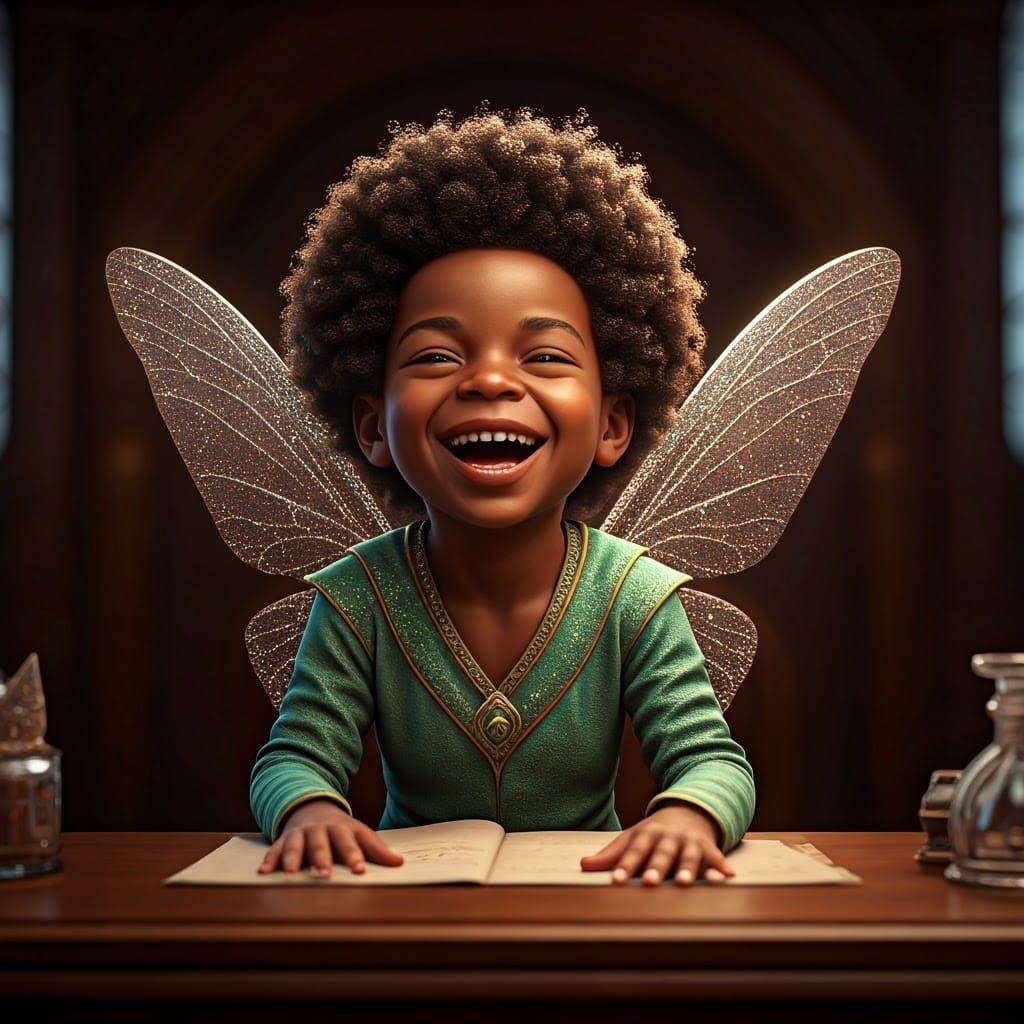 "Portrait of a tiny laughing Nigerian glitter fairy pixie on wizard's desk"  sparkling and shiny!, intricately_detailed complex breathtakin...