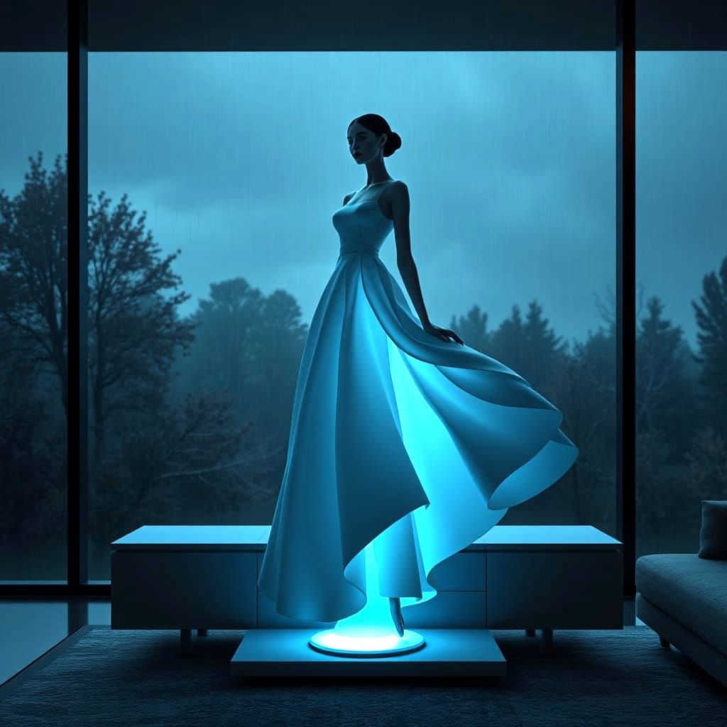 Unconventional blue lamp in the shape of a woman wearing a w...