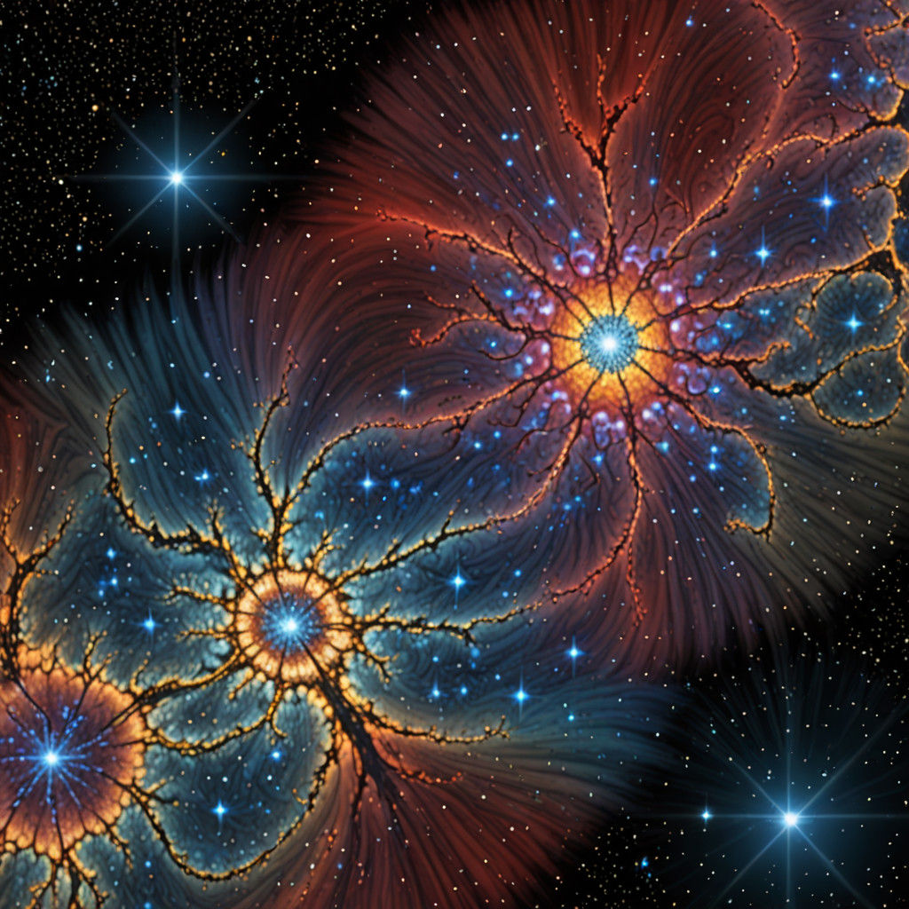 mandelbrot location -0.777120273471042550002. Full spectrum, with endless star field behind it