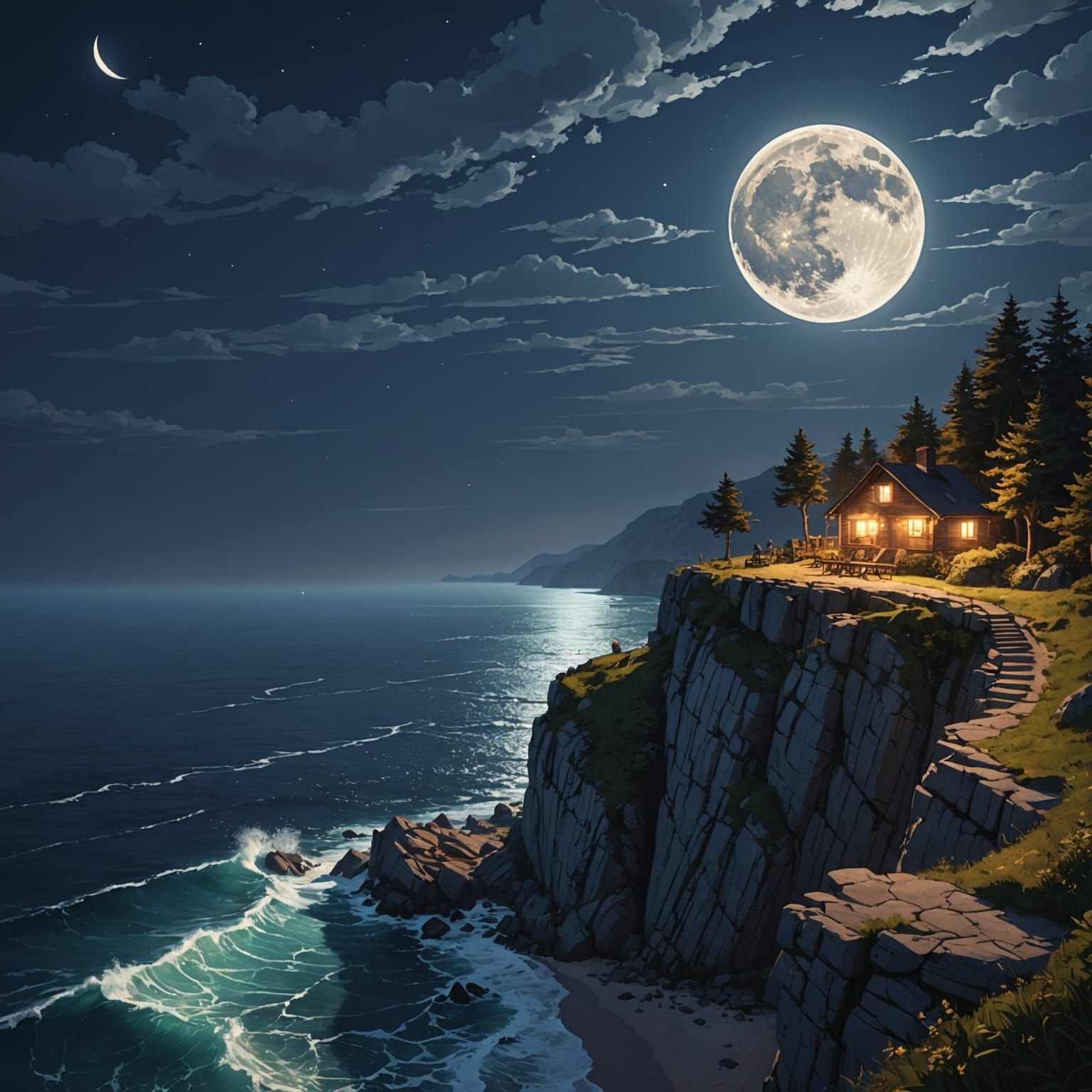 Summer Night by the Sea sitting on a cliff overlooking the ocean under a full moon hyperdetailed Splash art trending on Artstation dynamic l...
