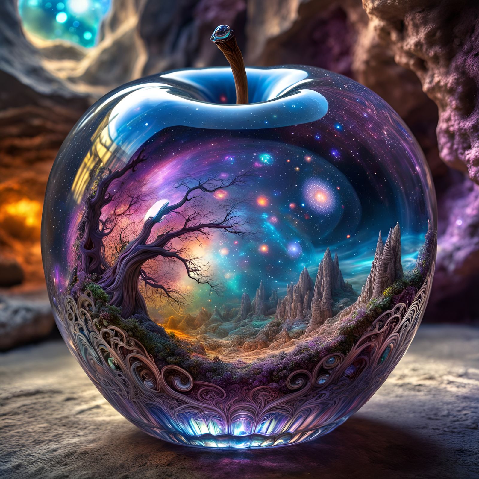 Exquisite richly detailed galaxy, on display in a glass apple, on the floor of a wizard's cave, beautiful, ...  by @Accordance