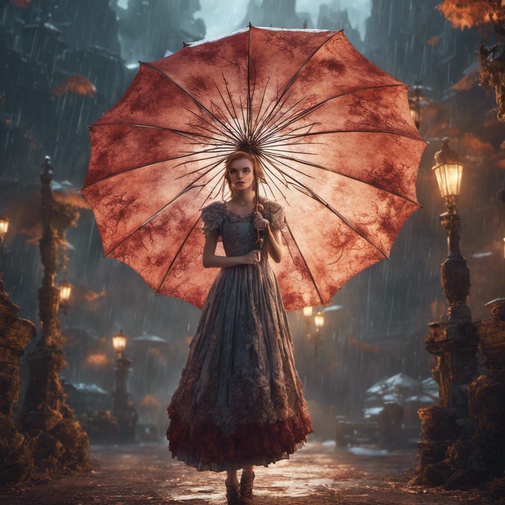 a girl in a beautiful dress holding an umbrella