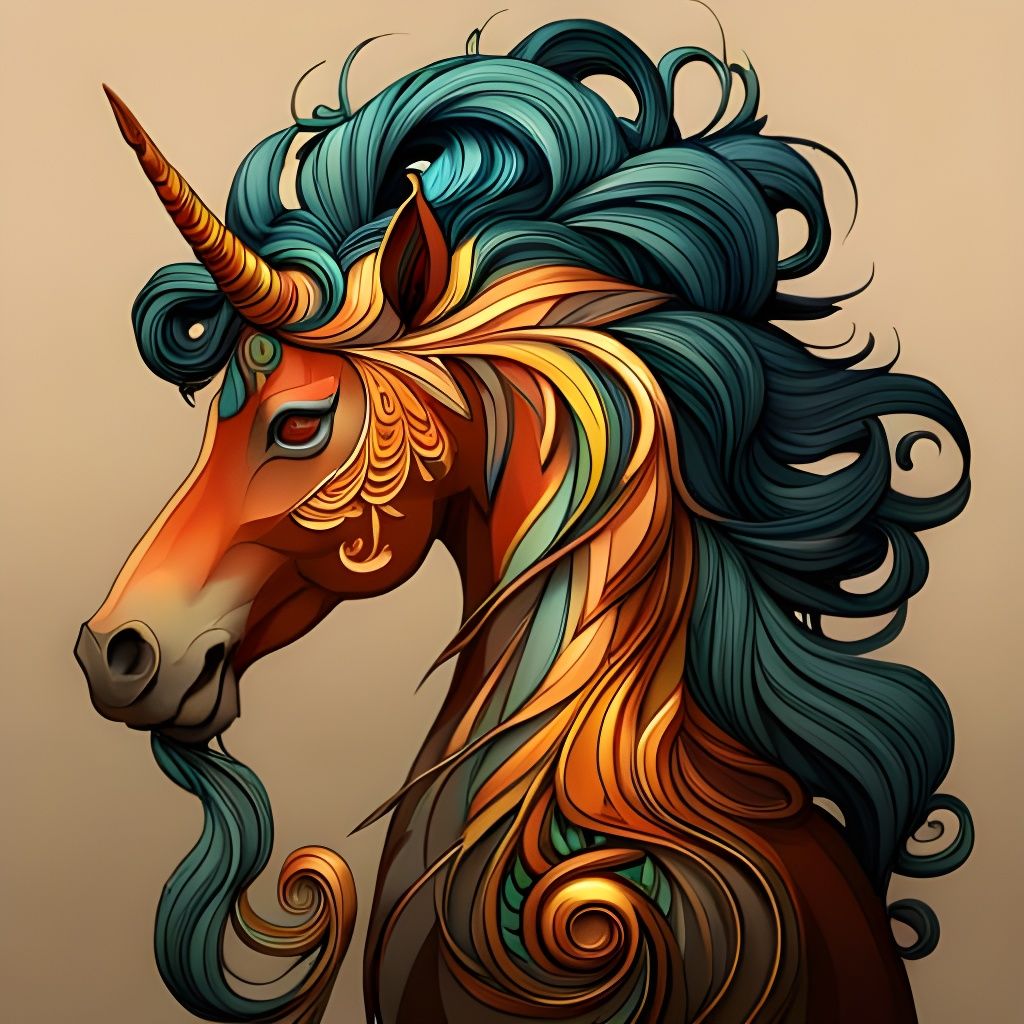"ZBrush unicorn horse portrait, luminous colors, golden outlines, highly detailed, intricate motifs, ...  by @Aimaniac