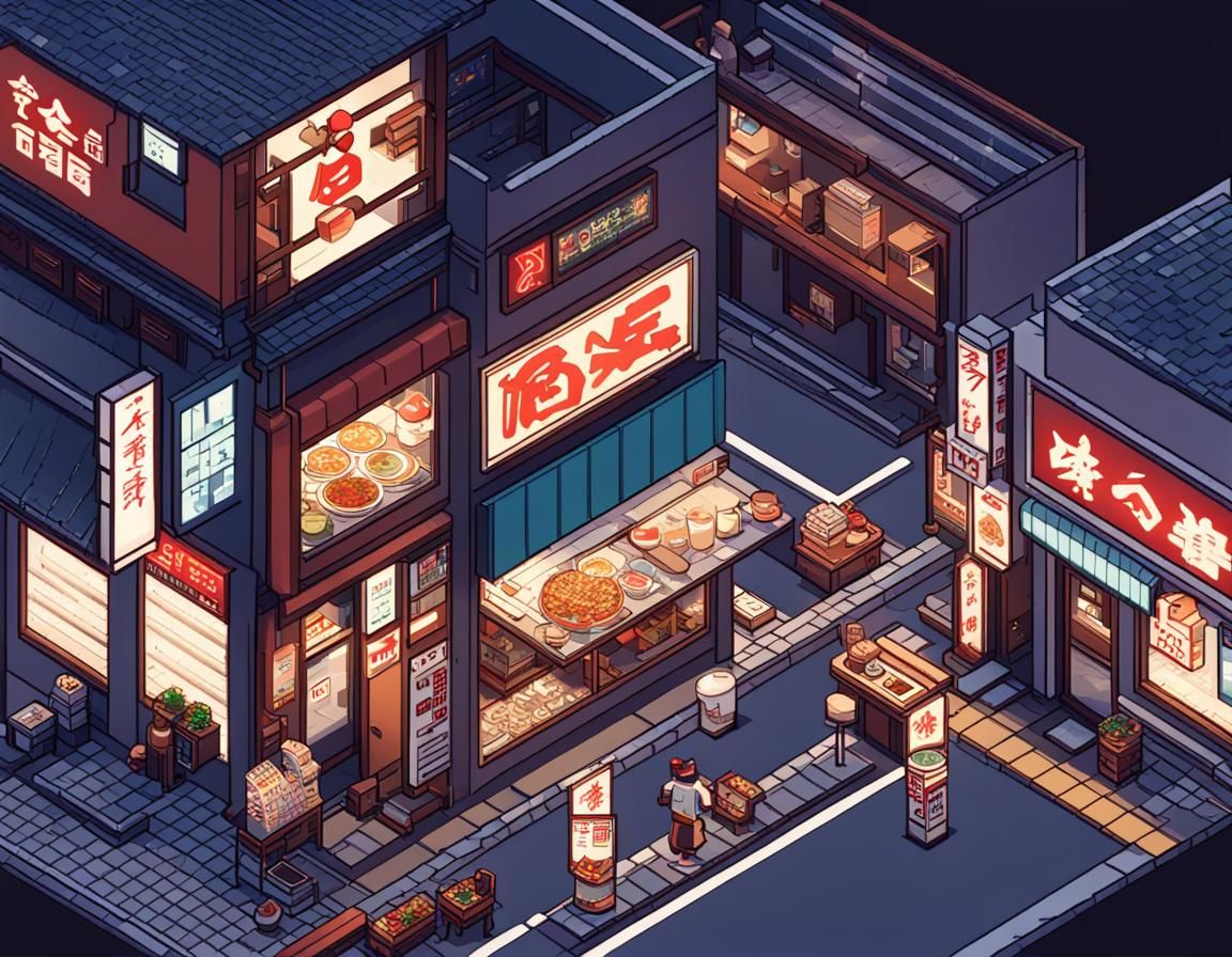 Isometric 2d pixelated videogame in japanese city, night, ramen shop ...