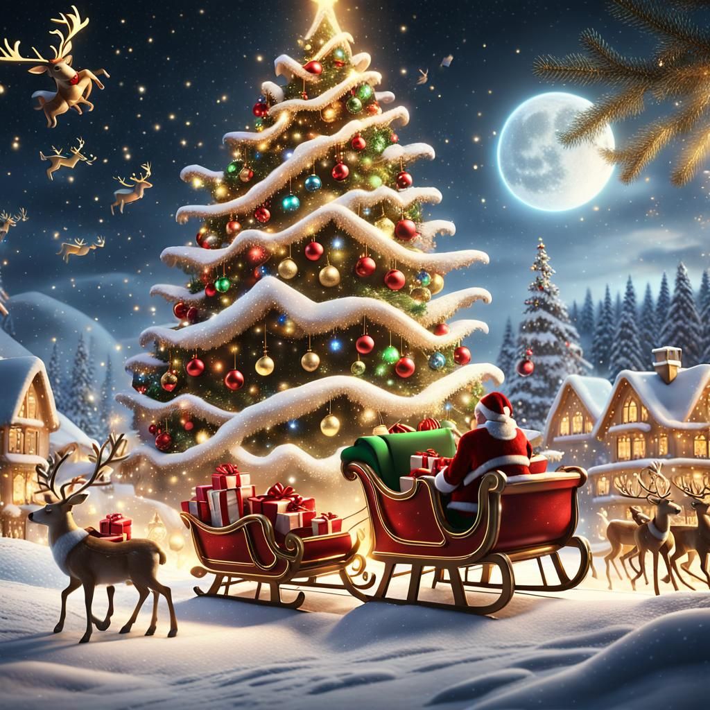 Enchanting Christmas Wonderland with Reindeer Soaring Above
