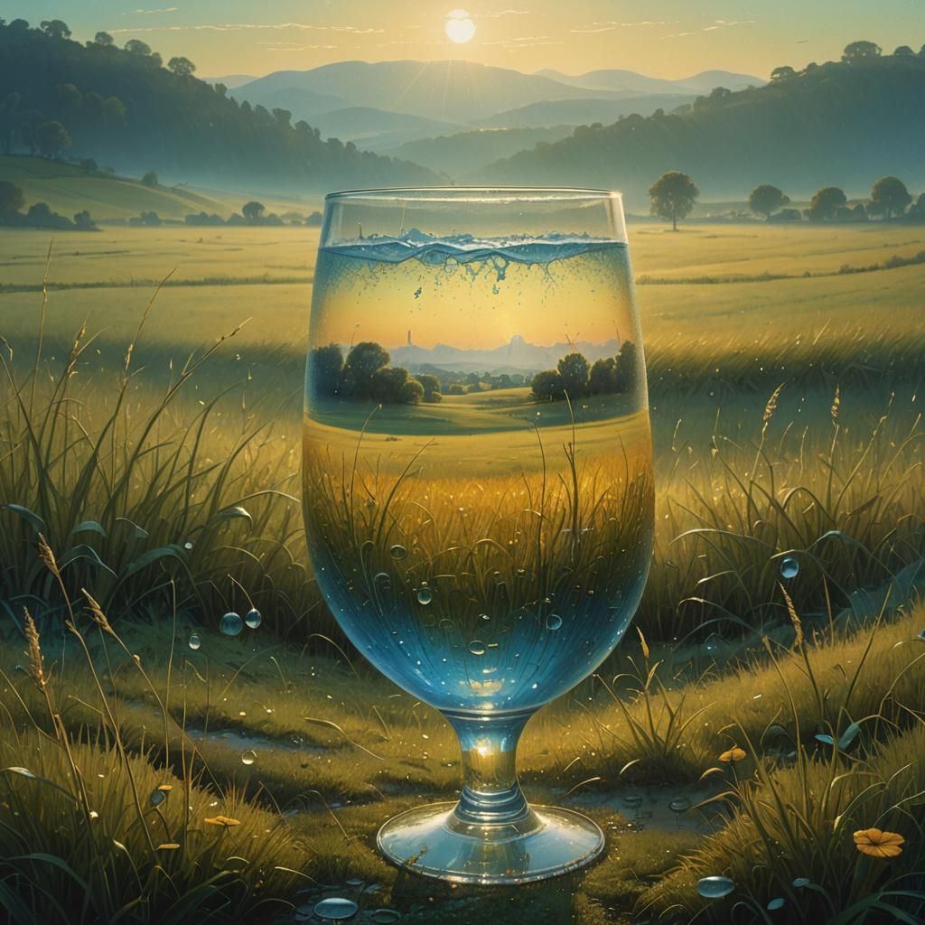 Beer Glass Contains Pastoral Landscape in Surreal Style
