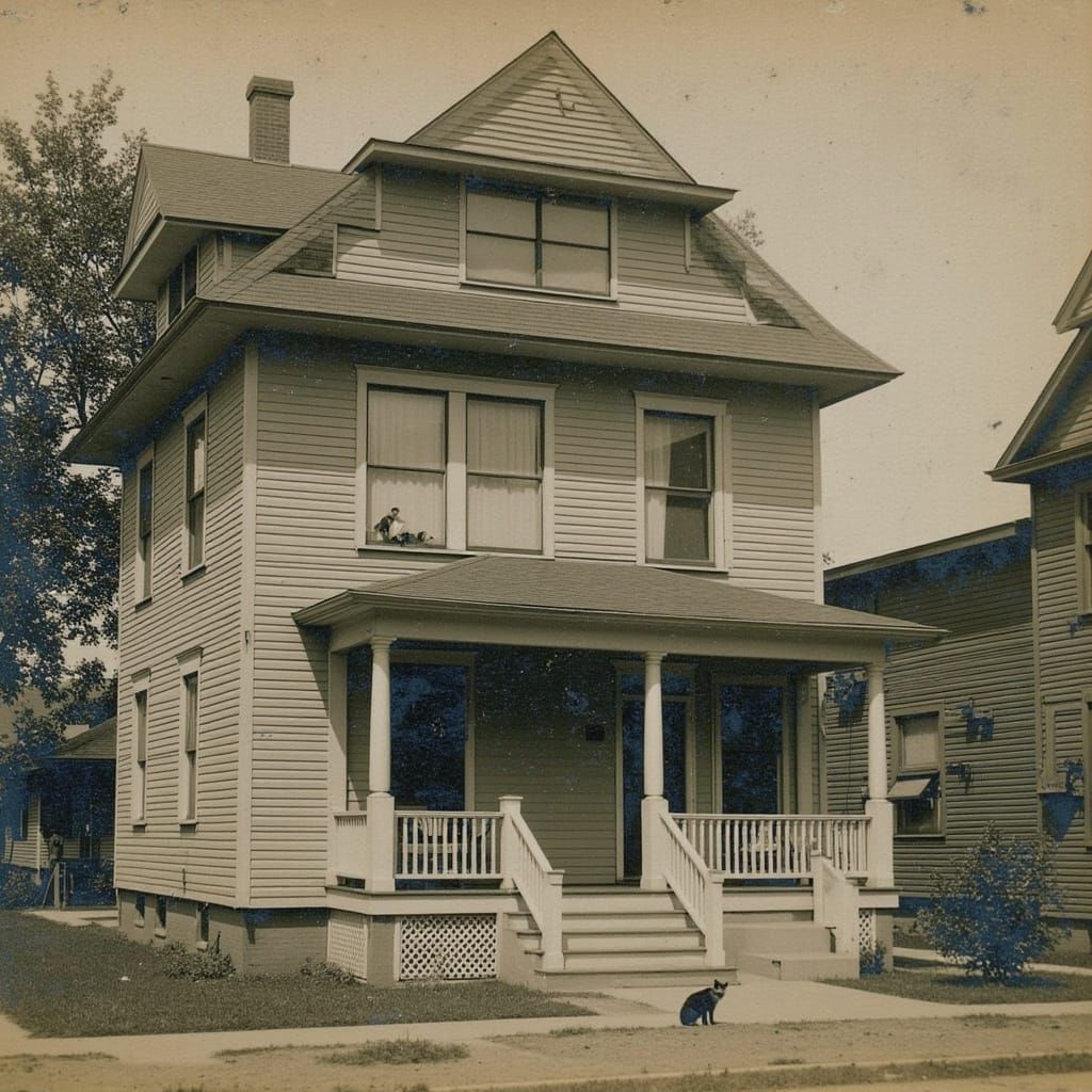 "New Flux Lora Test 3"Does not know house style by name..that will be another one..maybe"<lora:photo RPPC postcard:1.0> Queen Anne House with Woman seated in chair cat on porch wall looking at you