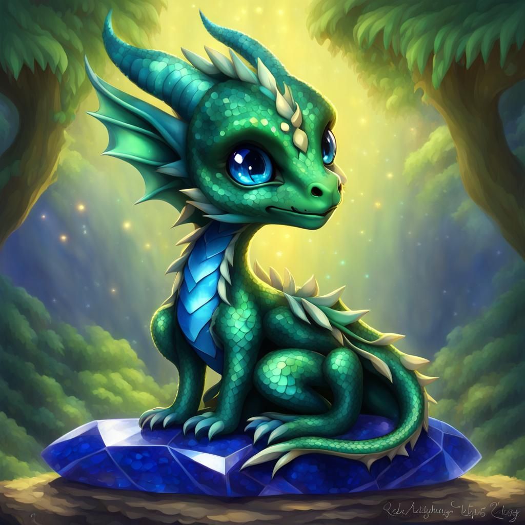 Chibi Baby Green Dragon on Lapis Lazuli gemstone - AI Generated Artwork ...