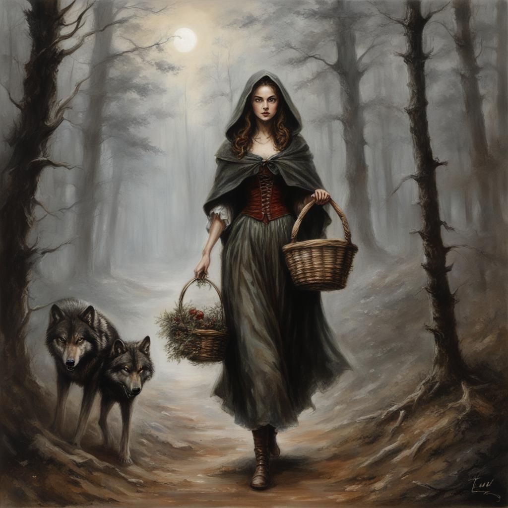 Little  Riding Hood carrying a basket through the woods stal...