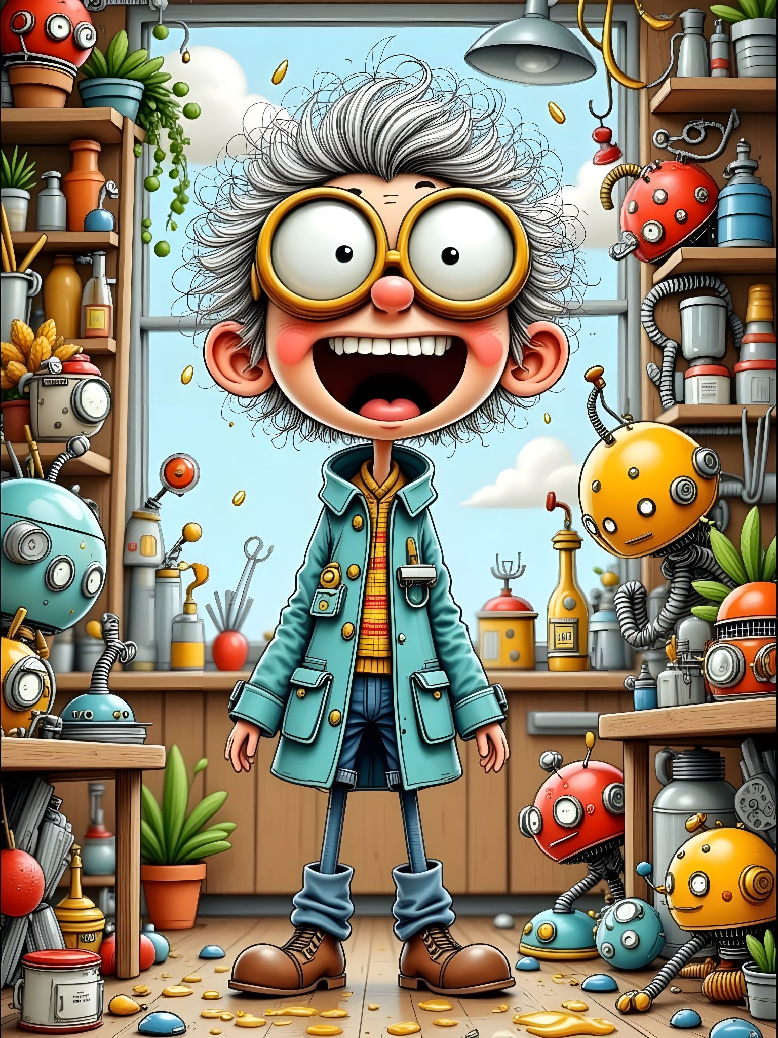 A quirky cartoon-style mad scientist with wild grey hair, oversized goggles, surrounded by quirky half-built robots, gears and springs flyin...