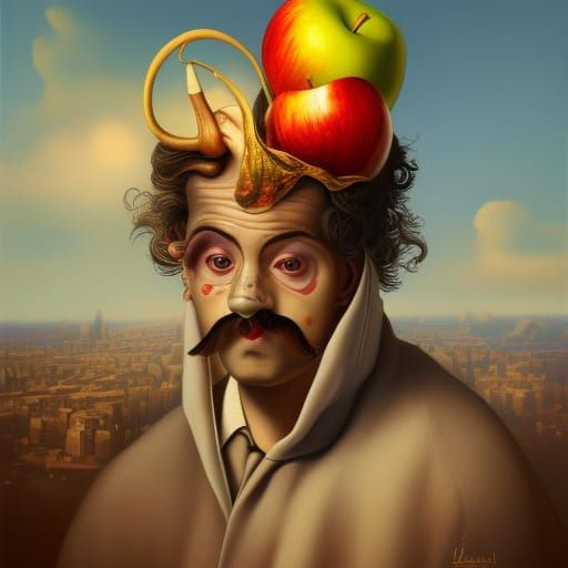 a painting of a man with an apple on his head style of salvador