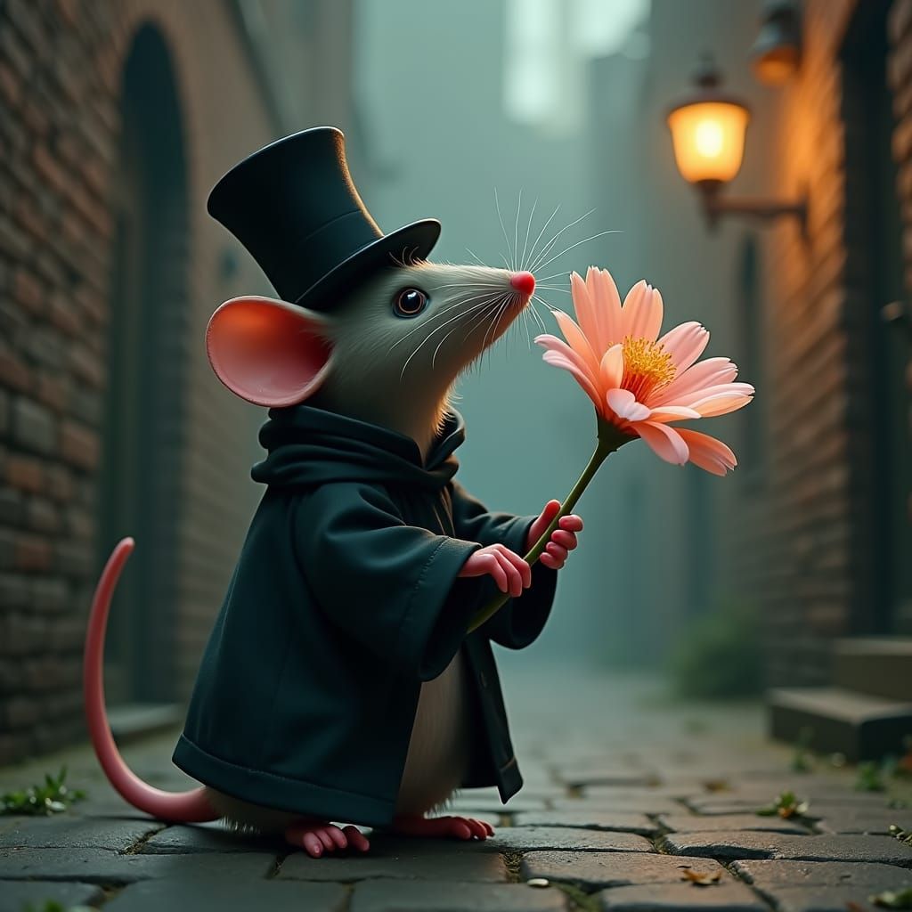 I am a surprised rat clad in black, holding a small flower i...