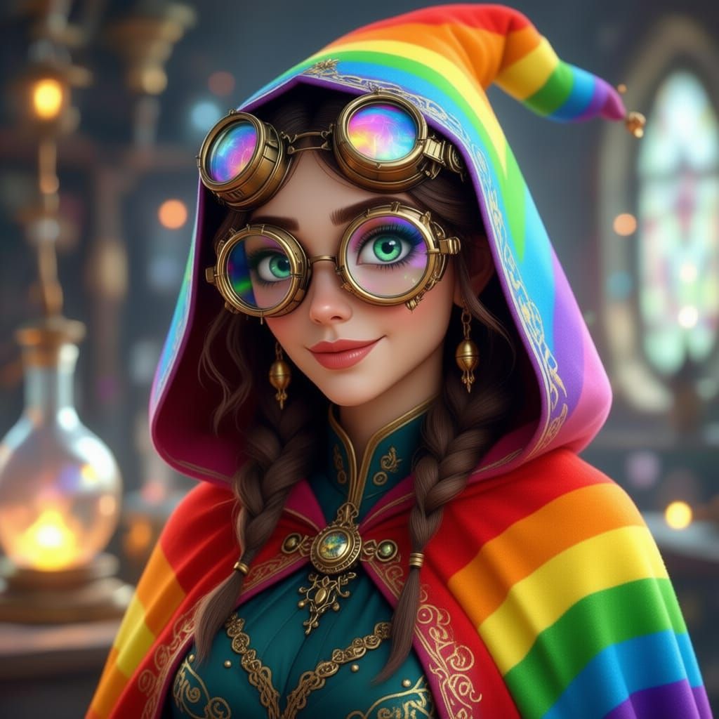 “Ultra-detailed headshot portrait of a female gnome alchemist pink cape, whimsical and wise, large expressive eyes, intricate brass steampun...