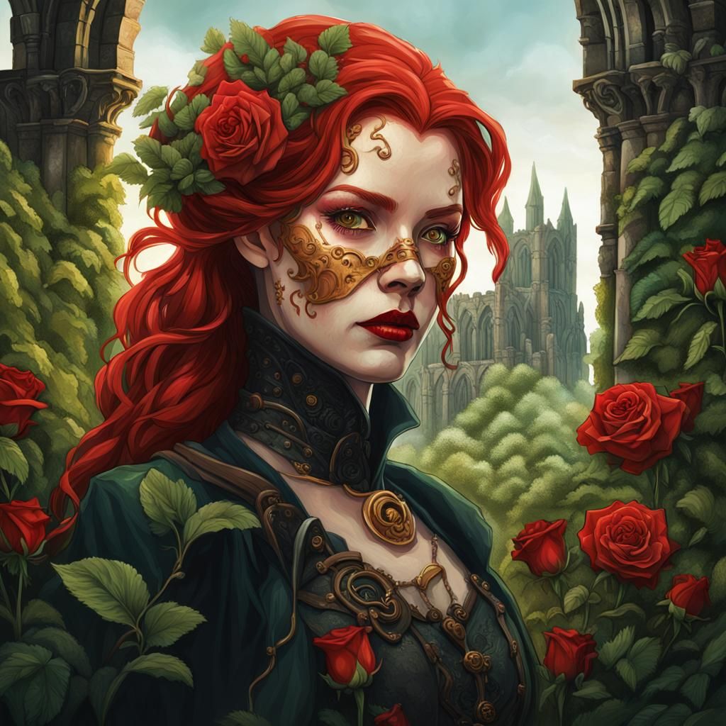 steampunk redhead vampire woman in Whitby Abbey overgrown wi...