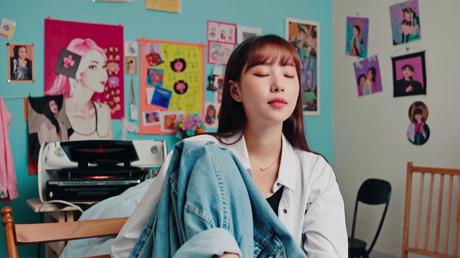 She is a punk. In her bedroom listening to her records on her bed 80s theme as its1986. Wham Single. Record player. Deni...