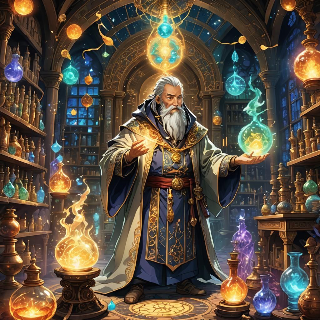 Create a legendary anime scene of a master alchemist in an ancient, mystical lab performing a grand transmutation. ...  by @Ai Artist Naran