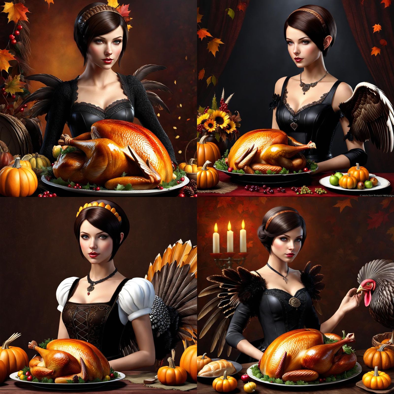 Thanksgiving Pixie with hair and a turkey,a photorealistic