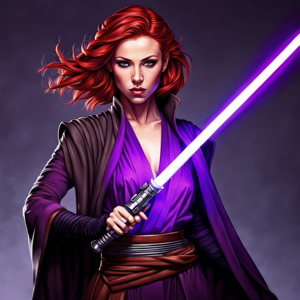 Female jedi, stylish, red hair, purple lightsaber, crop top robes - AI ...