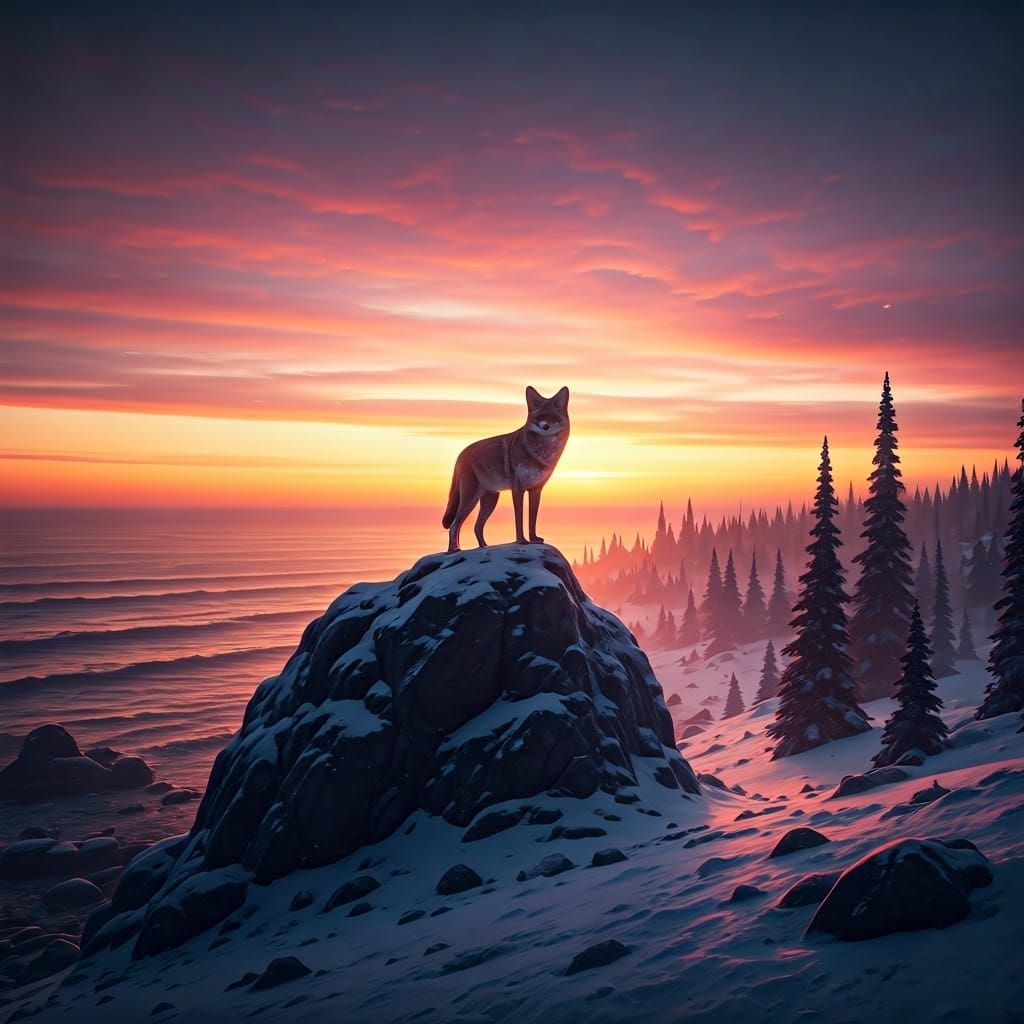 Majestic Coyote Surrounded by Sunset Landscape