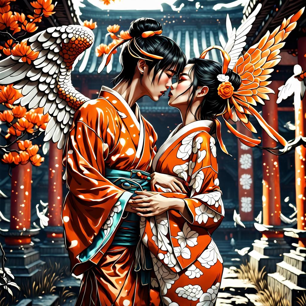 scary Asian girl with orange mini kimono dress kissing a handsome angel -  AI Generated Artwork - NightCafe Creator