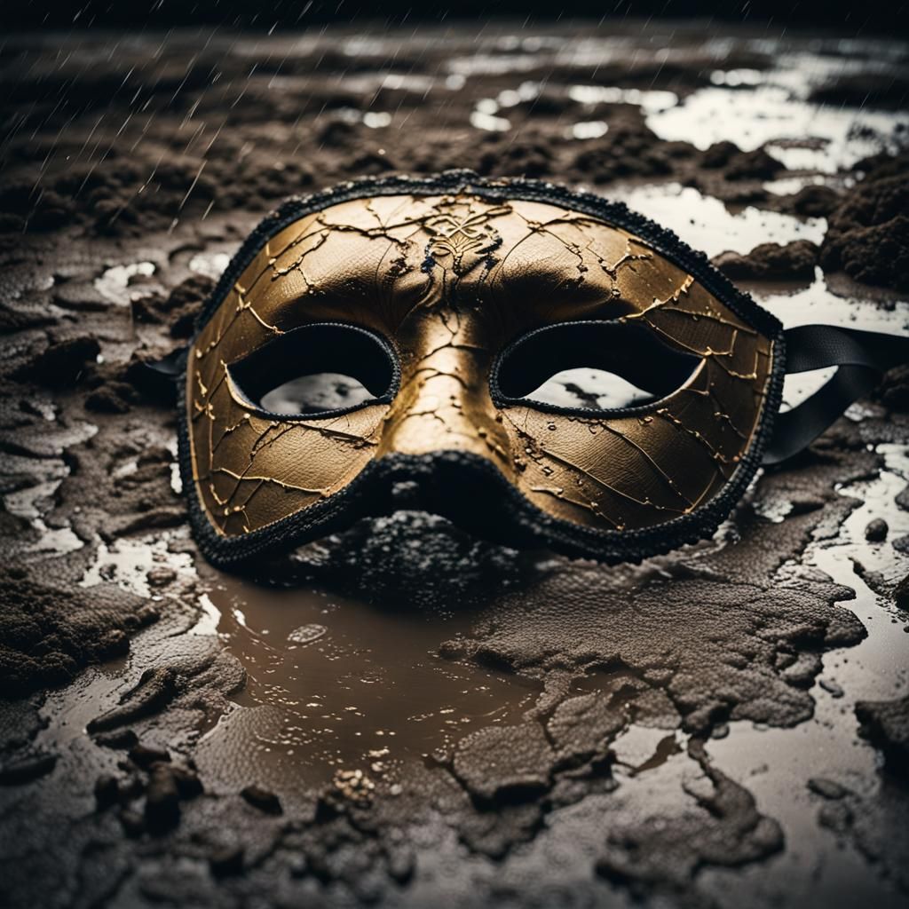 A masquerade mask lying in the mud, kintsugi, dark, rain  by @Lokky