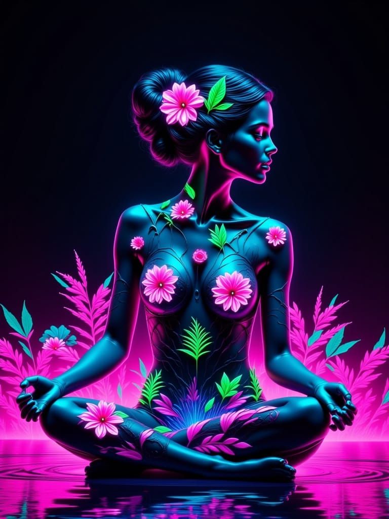 Neon Woman in Meditative Pose with Floral Accents