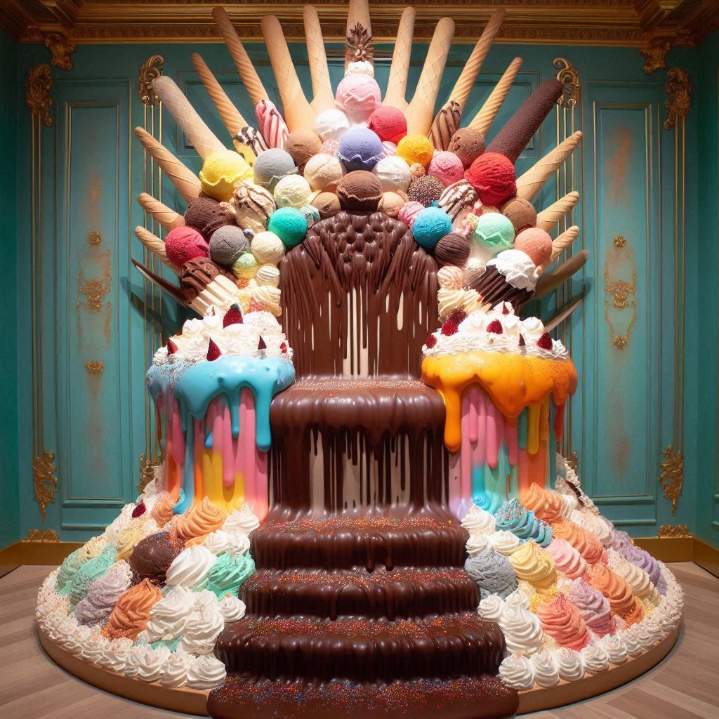 Royal ice cream throne with a topping of chocolate sauce spr...