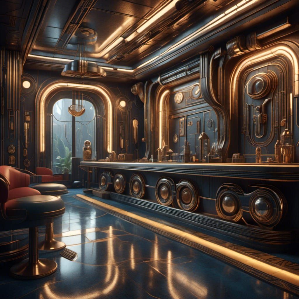 3D depth of detail, 3D raised detail, 3D DOF, Surrealistic, an alien bar <lora:Steskers Futurism:1.0> 