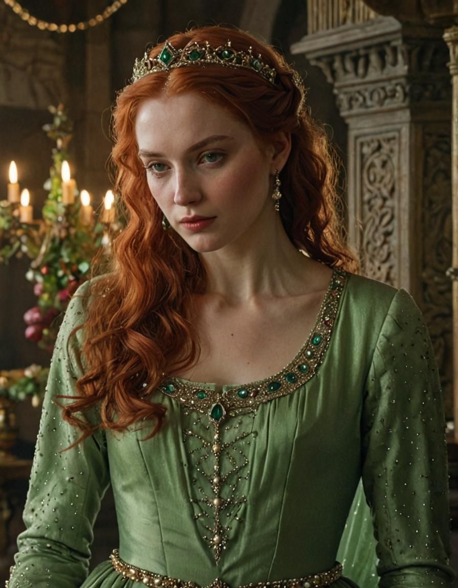 Medieval Queen Portrait in Luxurious Hall