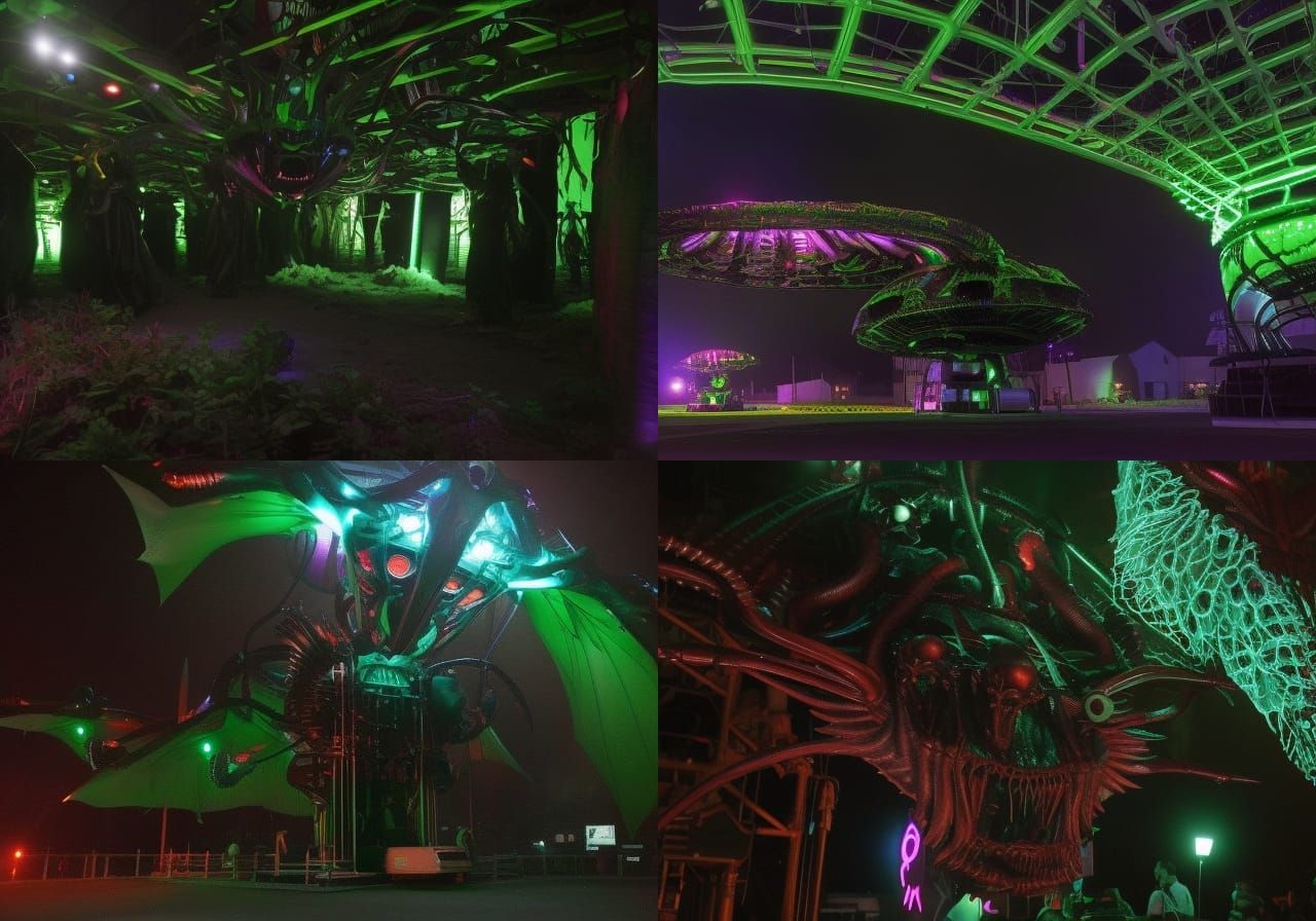satanic supercomplex alien spacecraft, fluorescent glow, dem...