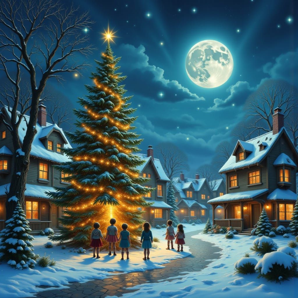 Magical Snow Village at Night with Children