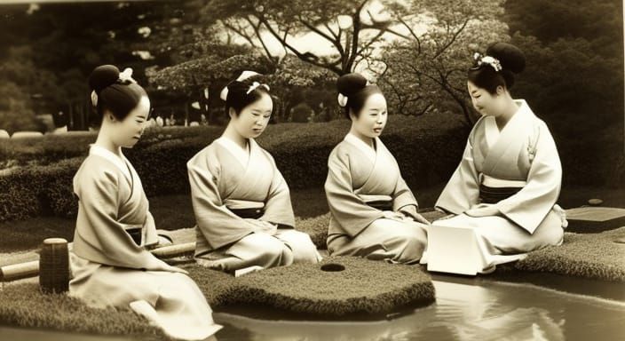Geisha girls enjoying a solemn, traditional tea ceremony in ...