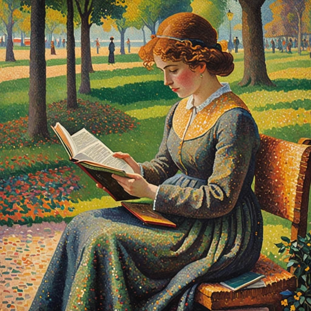 A bright colourful simple pointellism painting of lady reading a book.  by @jcdcee