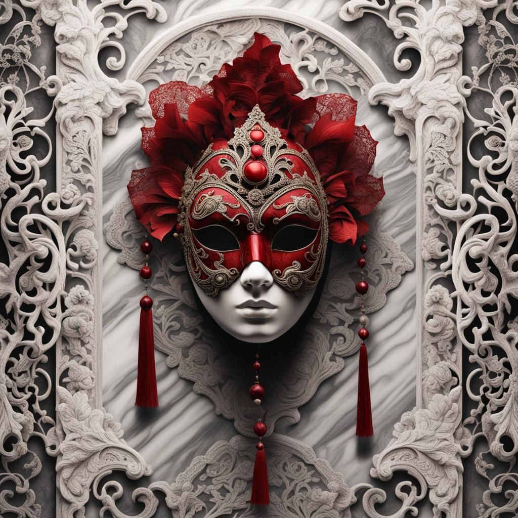 Venice mask, marble, lace, white, black, red, sharp