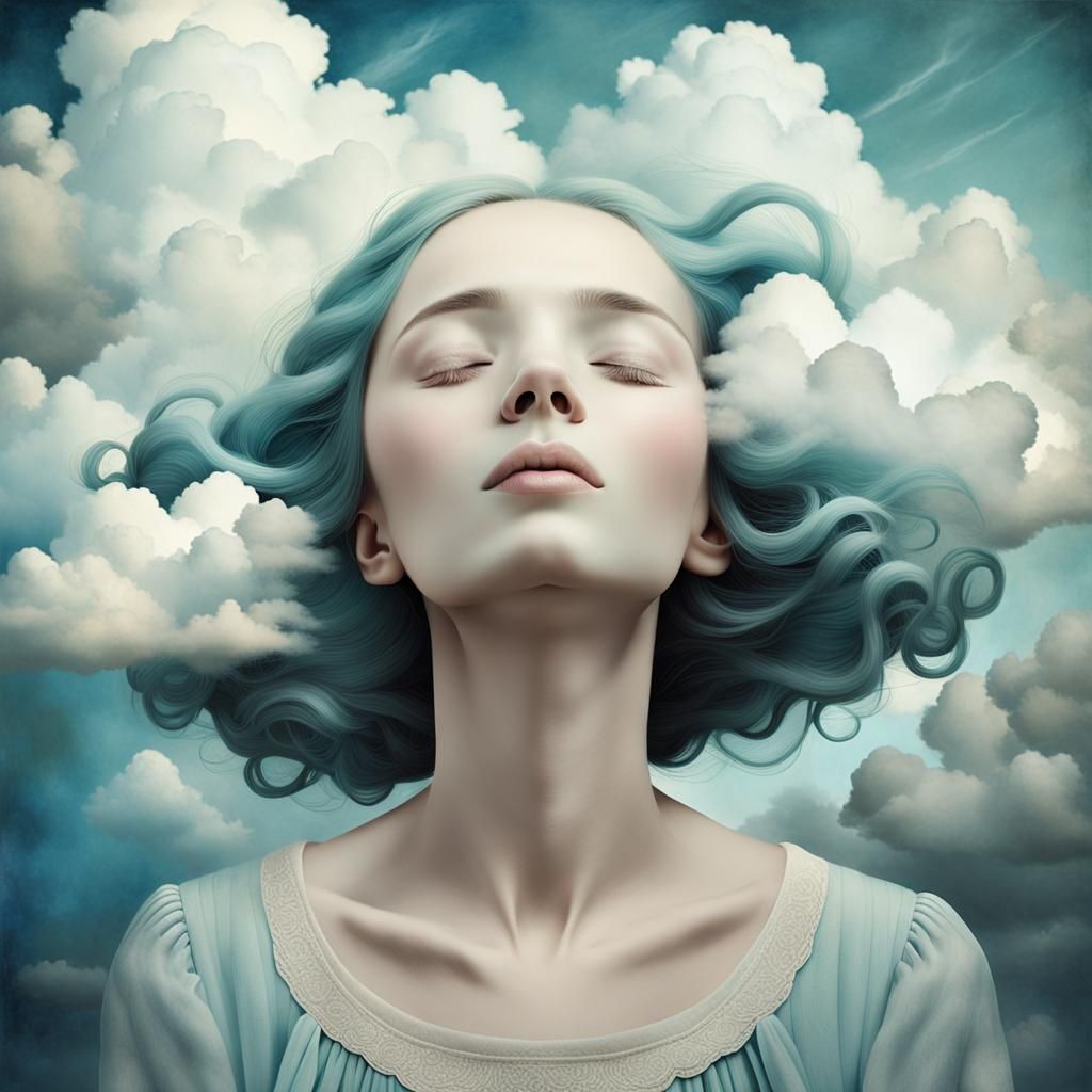 A serene, surreal portrait of a woman with eyes closed, ethe...