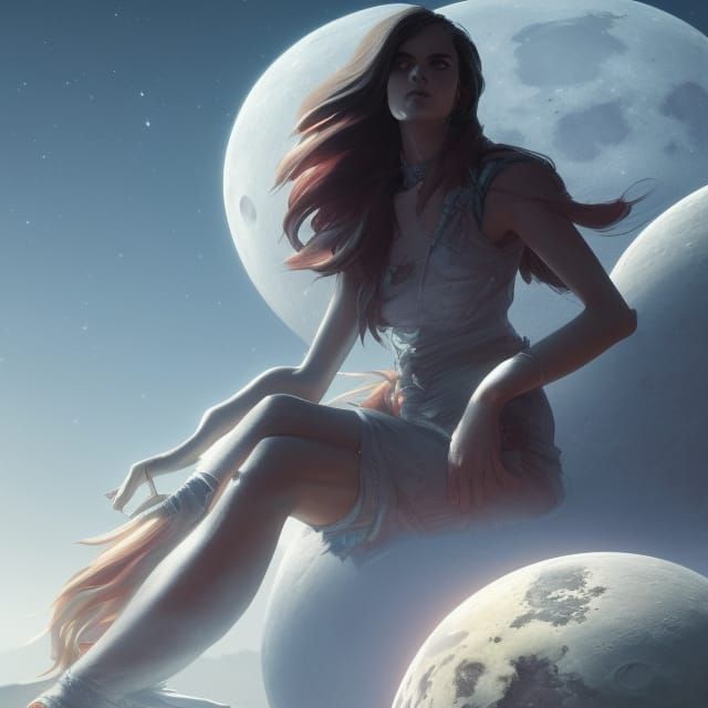Realistic woman sitting on the harf moon.she is very beautif...