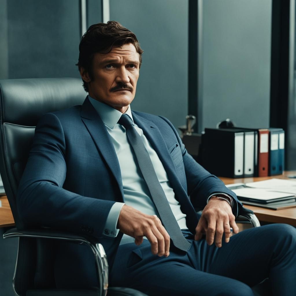 Actor Pedro Pascal in A fancy business suit sitting in A fancy business ...