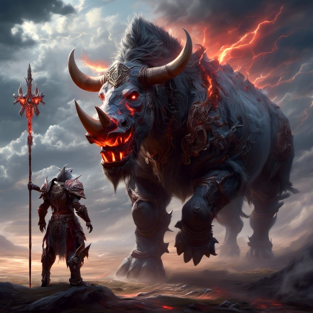 Humanoid Rhino God with Crackling Electricity