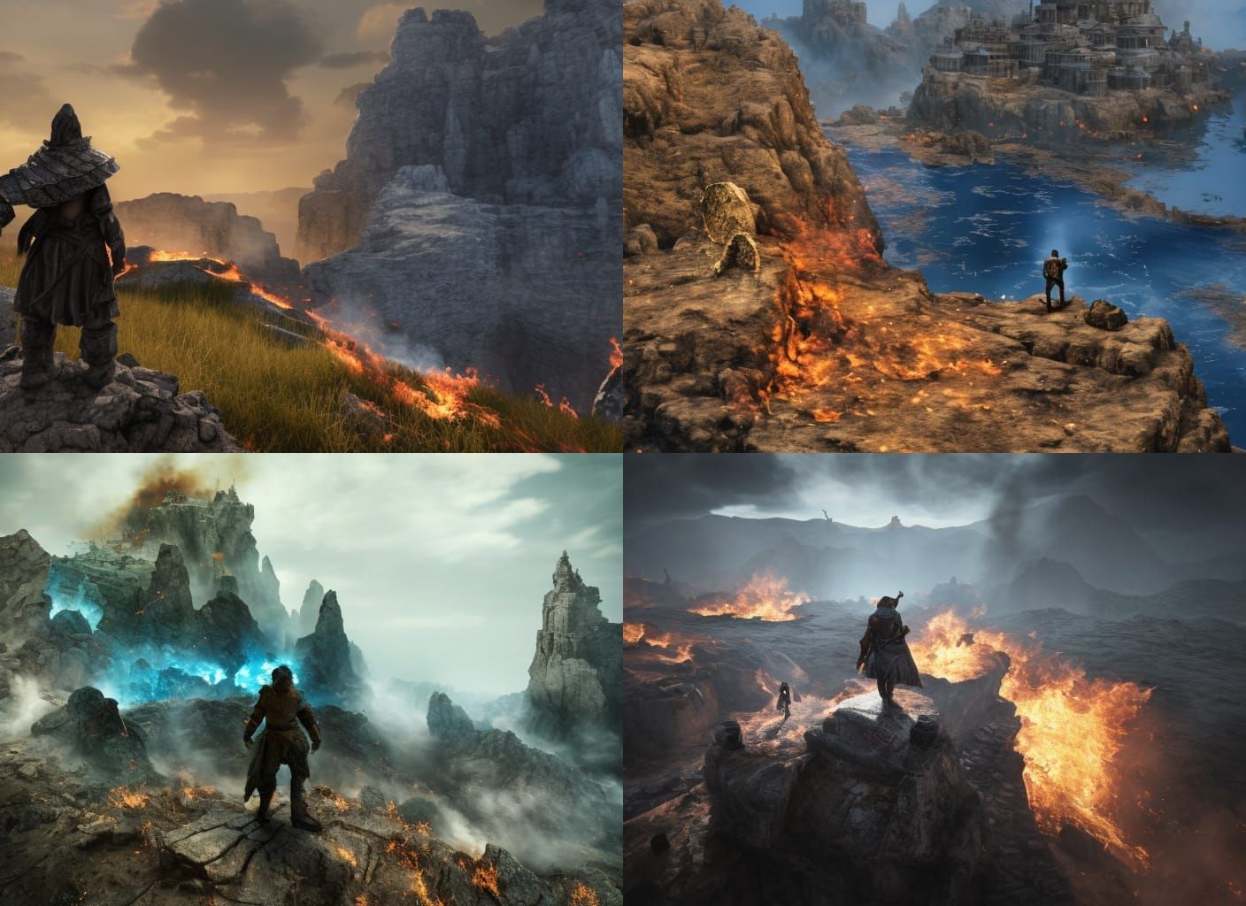 Lone man in battered armor looks over the cliff side at the ...