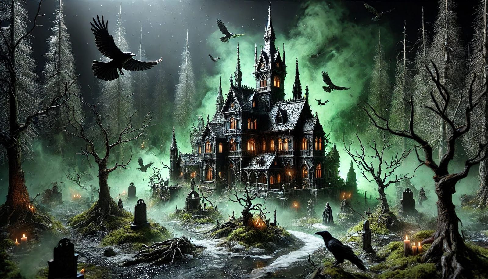 A gothic witch's manor shrouded in an eerie, necromantic atm...