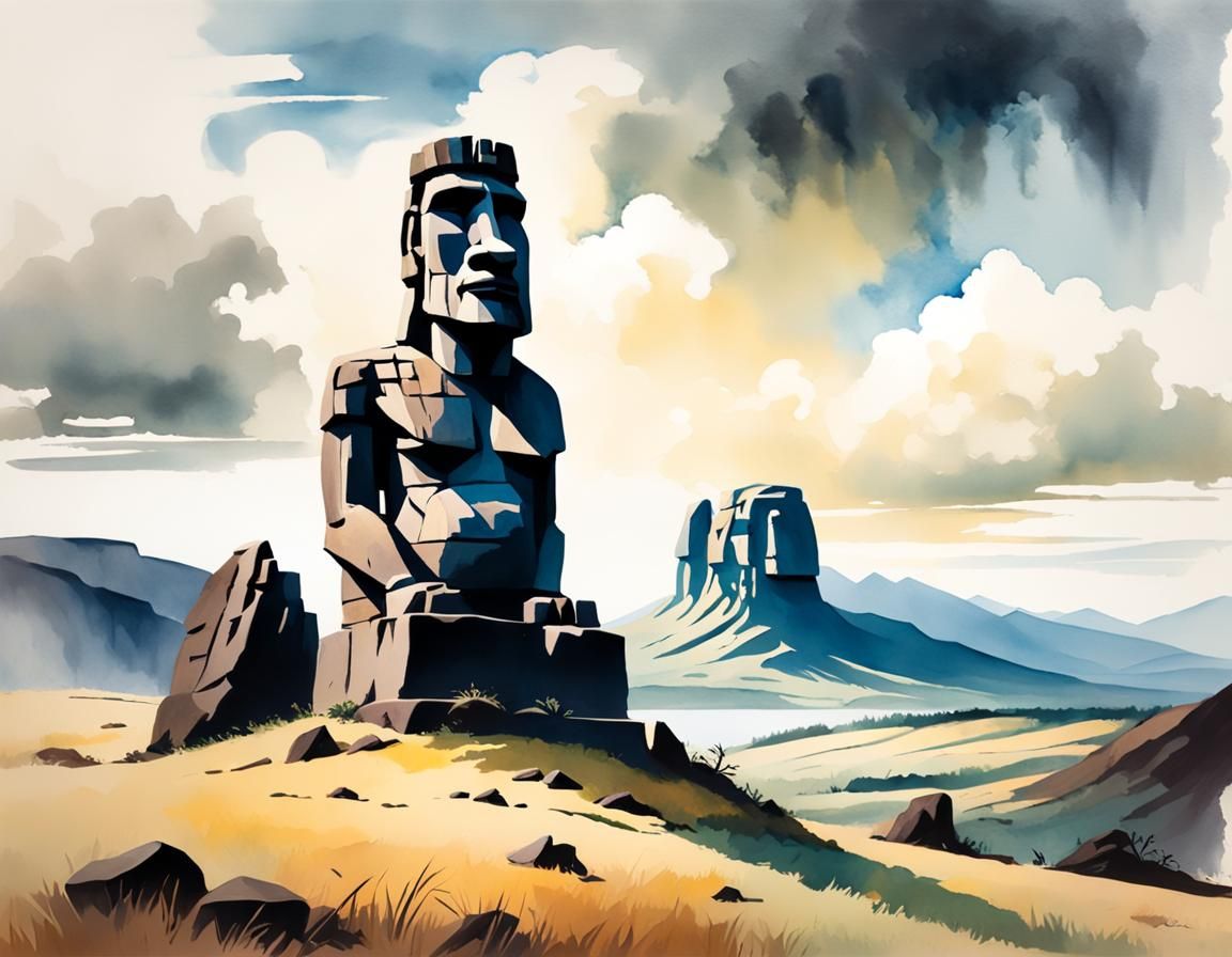 Muscular Moai Statue on Mountain Watercolor Painting
