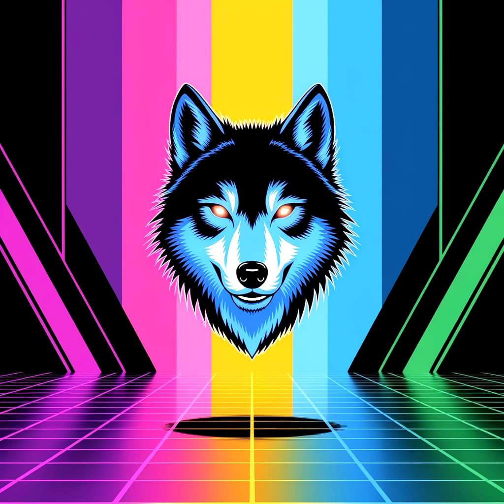 The Cyberpunk Wolf Dreams. Facing the viewer. Only the Wolf's head is visible, floating in the middle of the background. Poster design aesth...