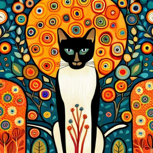 Siamese Cat With Boho Botanical Repeating Pattern Colorful Earth Tones 