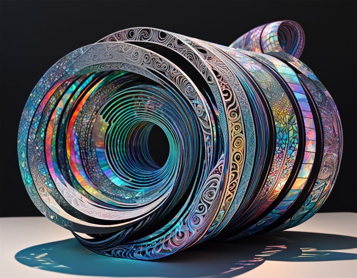 Loop, Zentangle, holographic tape, sculpture.