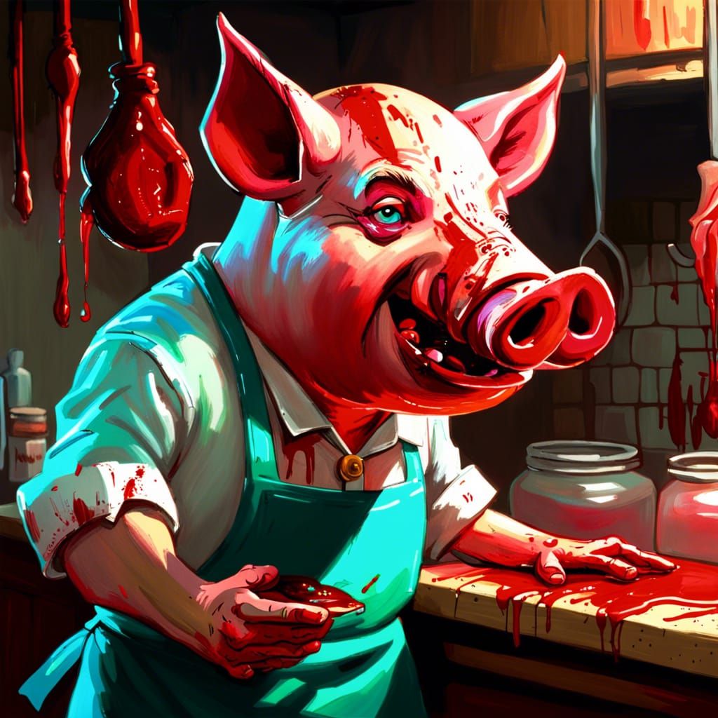 blood!!! Horror, The butcher pig with the old-pig's blood-fa...