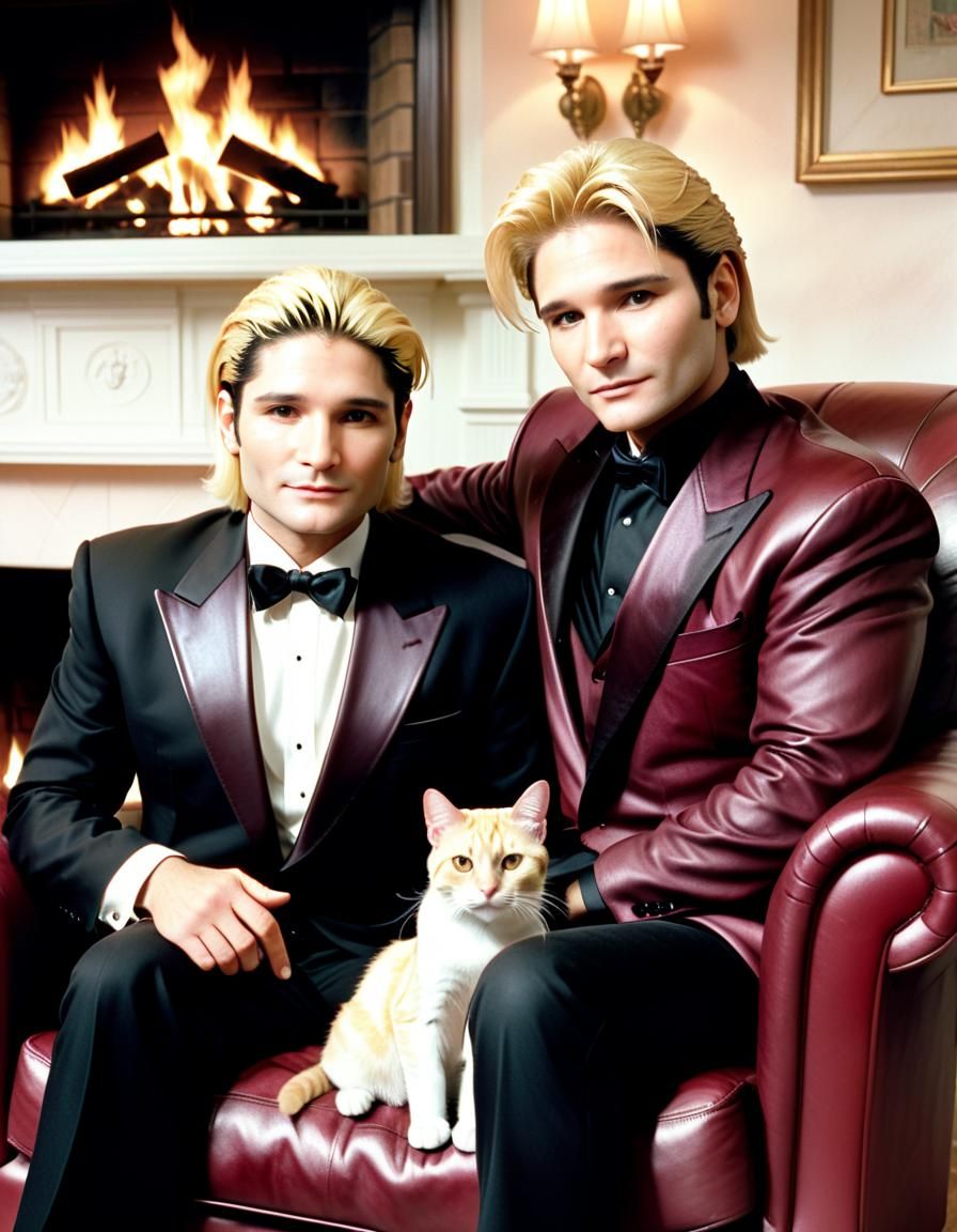 Medium shot, young COREY FELDMAN AND COREY HAIM, age 50, blo...