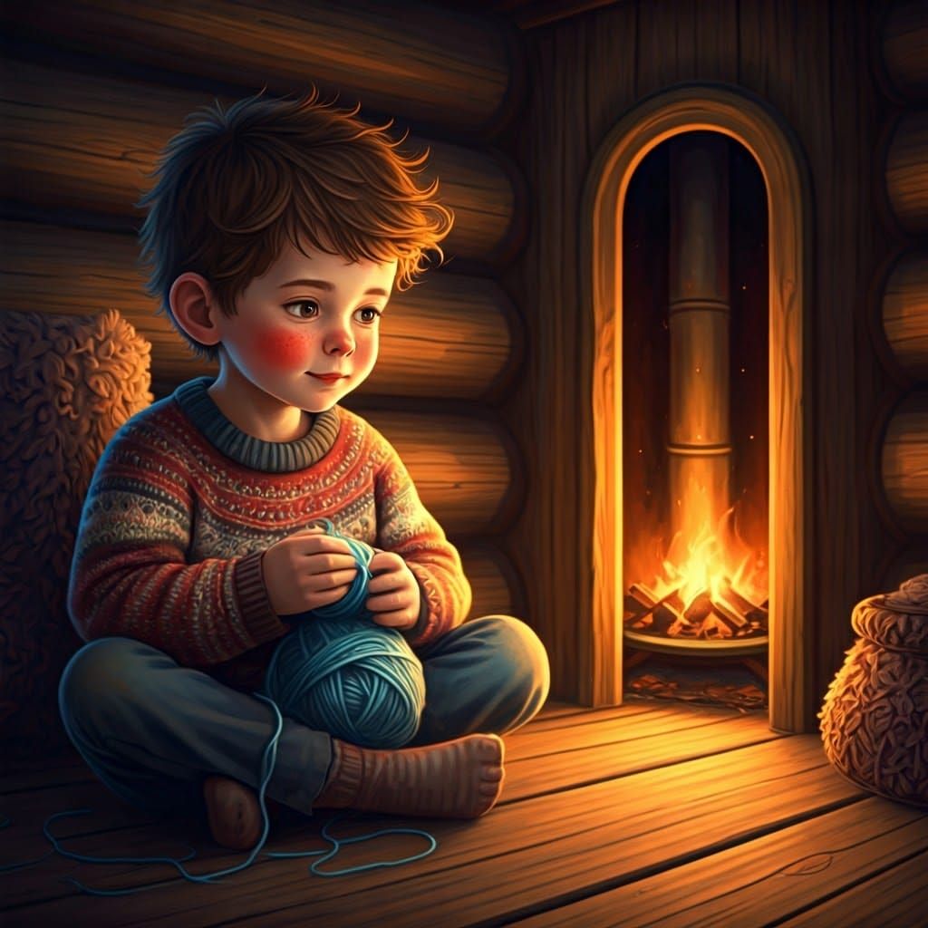 Cozy Winter Scene with Boy and Fire