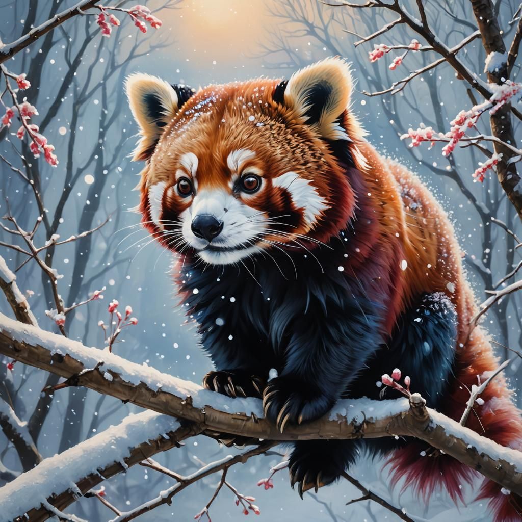 a fluffy, red panda with its round face, soft fur, and big, sparkling eyes. It stands on a snowy branch, 