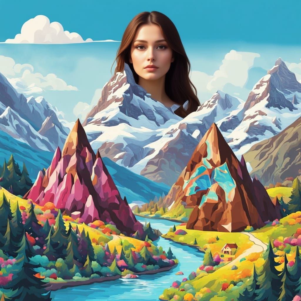 No text.
A surreal, dreamlike scene of the Swiss Alps where the mountains are made of giant, stacked triangular chocolat...